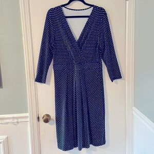 Talbots classic navy & white polka dot wrap bodice V-neck long sleeve dress 10